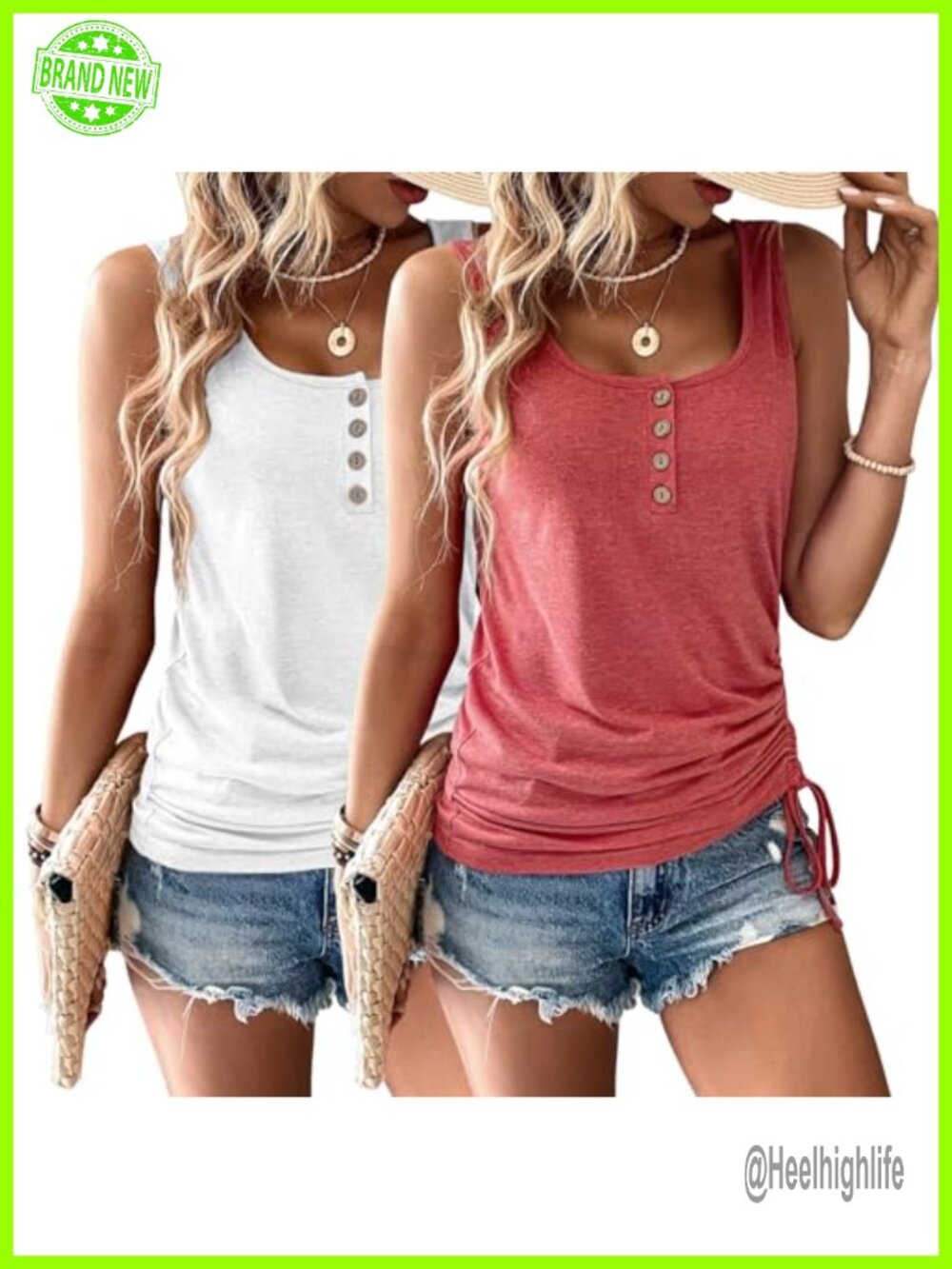 2 Pack Womens Tank Tops Sleeveless Loose Henley Shirts Summer Casual